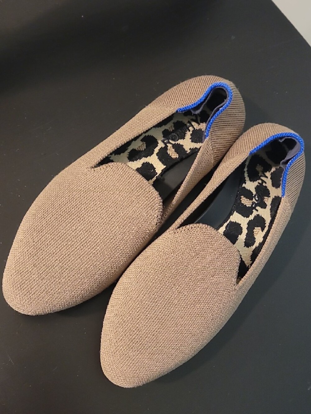 Rothy's Tan Knit Slip-On Flats with Leopard Insole and Blue Accent